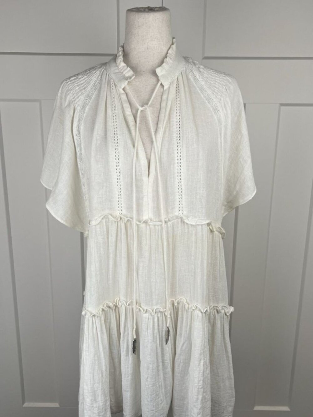 Olivaceous Ivory Gauze Tiered Boho Dress Feather Tie Neck Oversized Medium